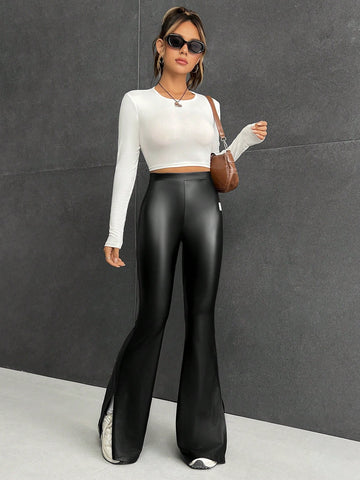 EZwear Letter Patched Detail Split Hem Flare Leg Pants