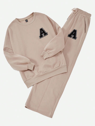 Letter Patched Drop Shoulder Sweatshirt & Sweatpants
