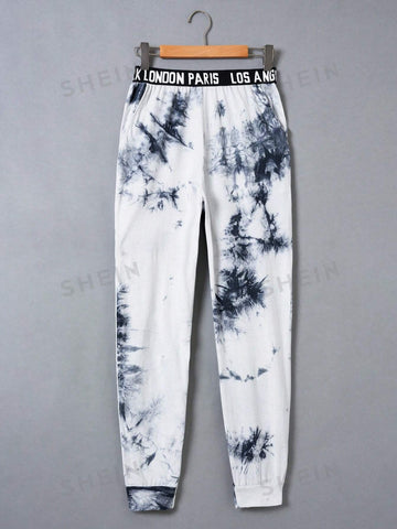 EZwear Letter Tape Waist Tie Dye Sweatpants