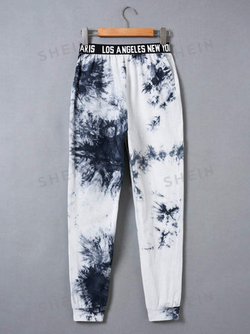 EZwear Letter Tape Waist Tie Dye Sweatpants