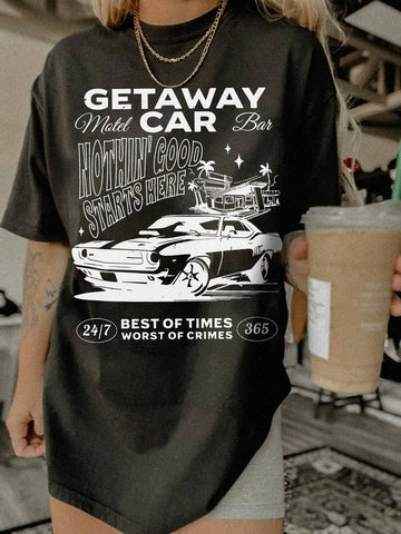 Letter & Race Car Print Short Sleeve Crew Neck T-Shirt, Summer