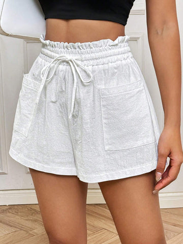 EZwear Linen&Cotton Ladies' Solid Color Paper Bag Style Drawstring Waist Shorts With Pocket Patch
