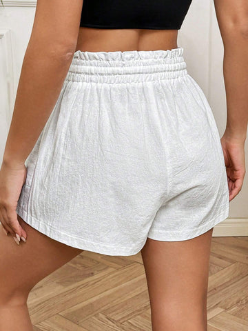 EZwear Linen&Cotton Ladies' Solid Color Paper Bag Style Drawstring Waist Shorts With Pocket Patch
