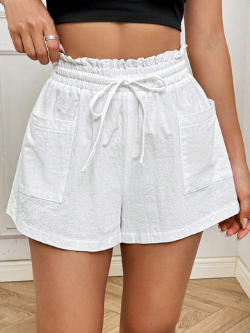 EZwear Linen&Cotton Ladies' Solid Color Paper Bag Style Drawstring Waist Shorts With Pocket Patch