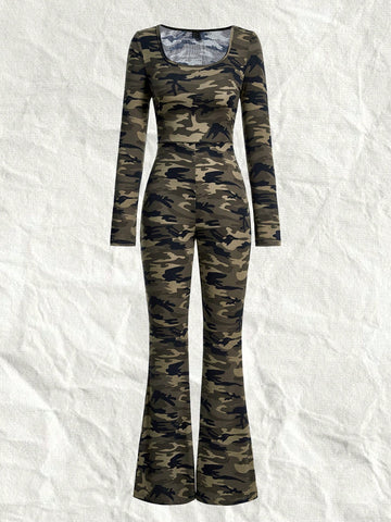 Long Sleeve Green Camouflage Print Flare Leg Jumpsuit Romper