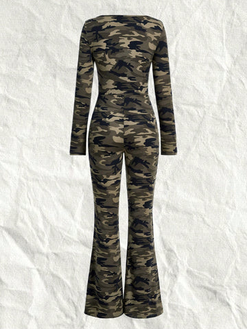Long Sleeve Green Camouflage Print Flare Leg Jumpsuit Romper