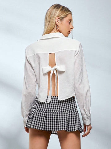EZwear Long Sleeve Shirt With Back Tie, Front Button Cropped Casual Top