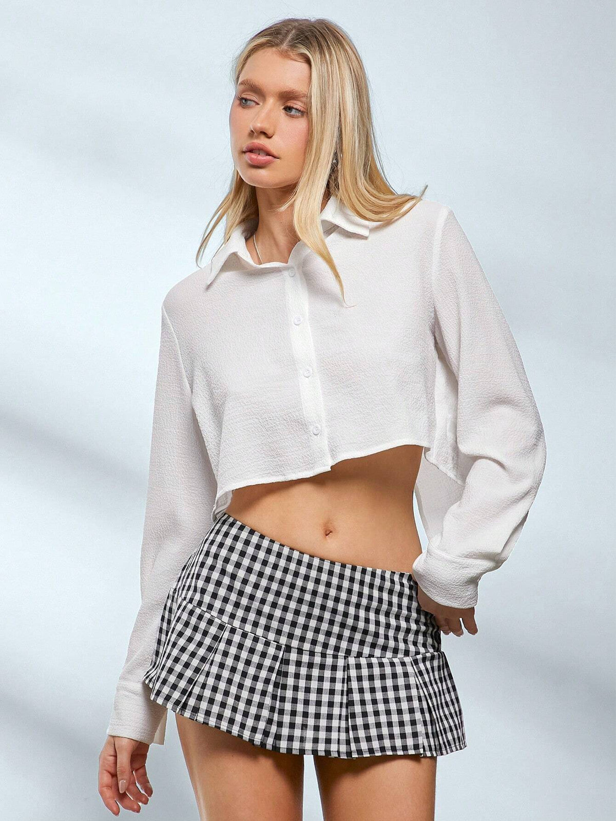 EZwear Long Sleeve Shirt With Back Tie, Front Button Cropped Casual Top