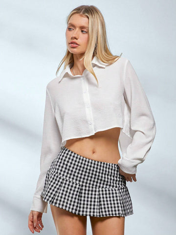 EZwear Long Sleeve Shirt With Back Tie, Front Button Cropped Casual Top