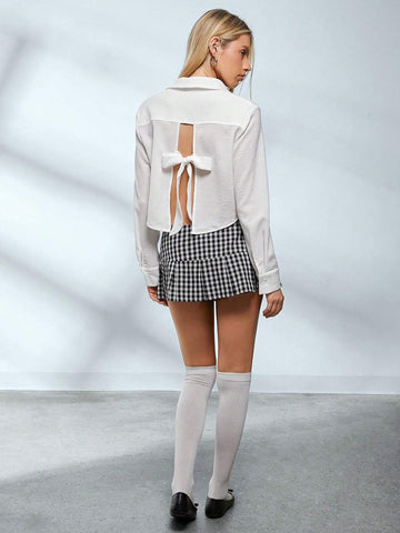 EZwear Long Sleeve Shirt With Back Tie, Front Button Cropped Casual Top