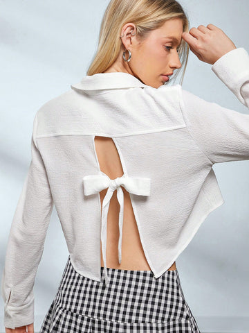 EZwear Long Sleeve Shirt With Back Tie, Front Button Cropped Casual Top