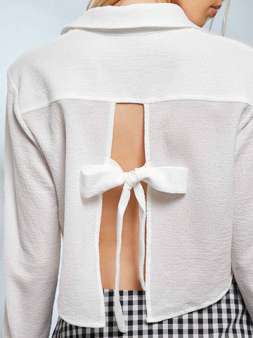 EZwear Long Sleeve Shirt With Back Tie, Front Button Cropped Casual Top