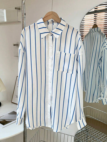 EZwear Long Sleeve Striped Polo Collar Button Front Pocket Casual Shirt