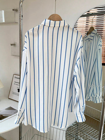 EZwear Long Sleeve Striped Polo Collar Button Front Pocket Casual Shirt