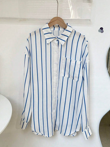 EZwear Long Sleeve Striped Polo Collar Button Front Pocket Casual Shirt