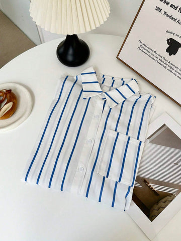 EZwear Long Sleeve Striped Polo Collar Button Front Pocket Casual Shirt