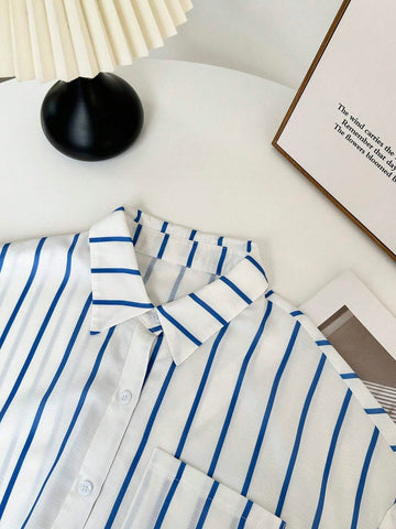 EZwear Long Sleeve Striped Polo Collar Button Front Pocket Casual Shirt