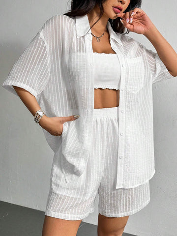 Loose Fit Casual Short-Sleeved Shirt And Shorts Set With Slightly Transparent Stripe Texture