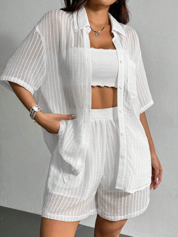 Loose Fit Casual Short-Sleeved Shirt And Shorts Set With Slightly Transparent Stripe Texture