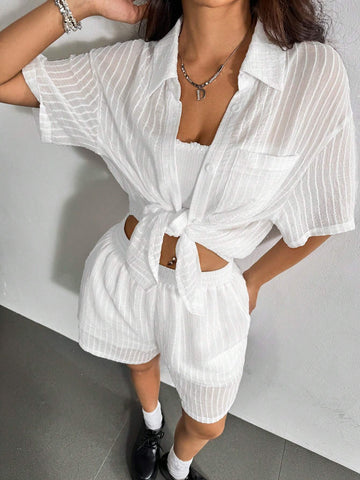 Loose Fit Casual Short-Sleeved Shirt And Shorts Set With Slightly Transparent Stripe Texture