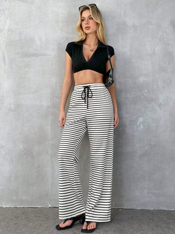 EZwear Loose Knotted Wide-Leg Striped Printed Casual Pants