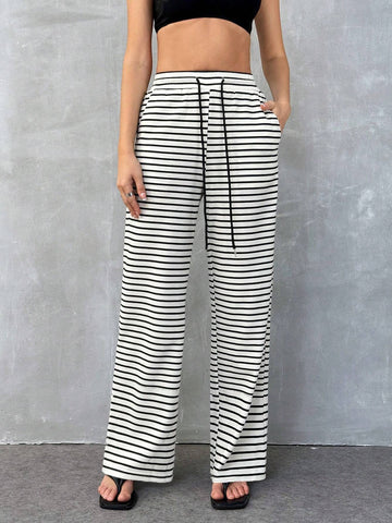 EZwear Loose Knotted Wide-Leg Striped Printed Casual Pants