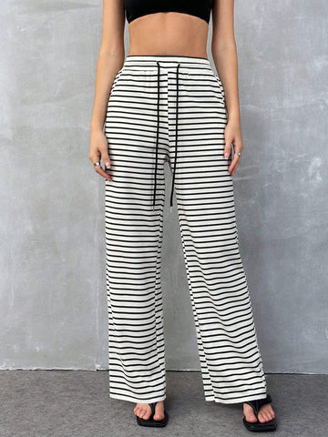 EZwear Loose Knotted Wide-Leg Striped Printed Casual Pants
