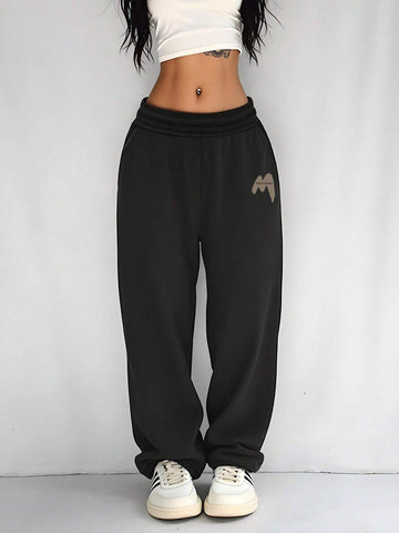 EZwear M Trendy "M" Letter Print Casual Loose Fit Comfortable Baggy Sports Sweatpants, Suitable For Home, Outdoor, Autumn/Winter With Fleece Lining