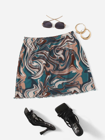 EZwear Marble Print Lettuce Trim Skirt