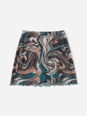 EZwear Marble Print Lettuce Trim Skirt