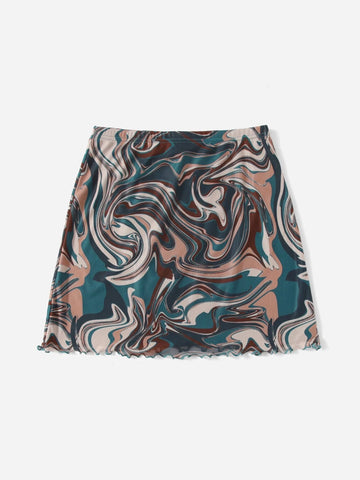 EZwear Marble Print Lettuce Trim Skirt