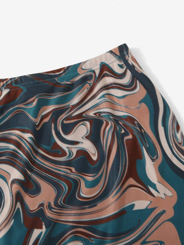 EZwear Marble Print Lettuce Trim Skirt
