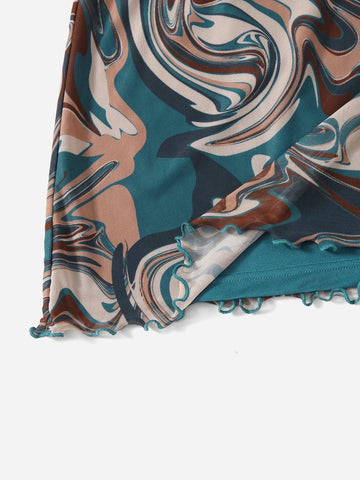 EZwear Marble Print Lettuce Trim Skirt