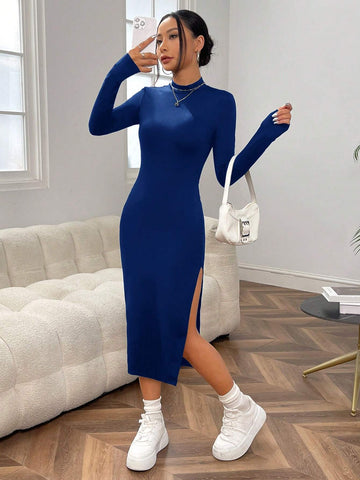 Mock Neck Split Thigh Bodycon Black Dress