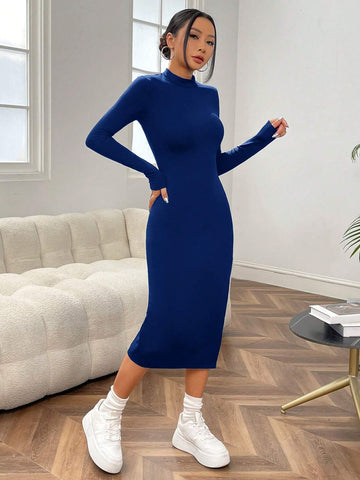 Mock Neck Split Thigh Bodycon Black Dress
