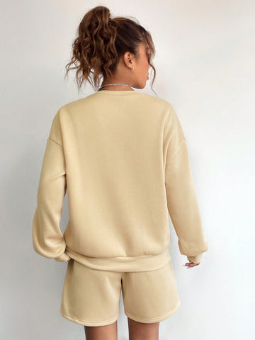 Mountain & Letter Graphic Drop Shoulder Pullover & Shorts