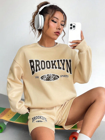 Mountain & Letter Graphic Drop Shoulder Pullover & Shorts