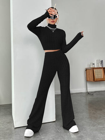 Multicolor Knit Women's Stand Collar Long Sleeve T-Shirt And Pants Slim Fit Set