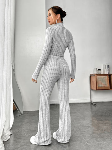 Multicolor Knit Women's Stand Collar Long Sleeve T-Shirt And Pants Slim Fit Set