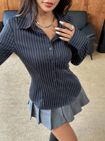 EZwear Navy Blue Striped Print Button Front Fitted Women Long Sleeve Shirt