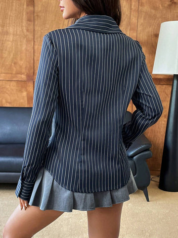 EZwear Navy Blue Striped Print Button Front Fitted Women Long Sleeve Shirt