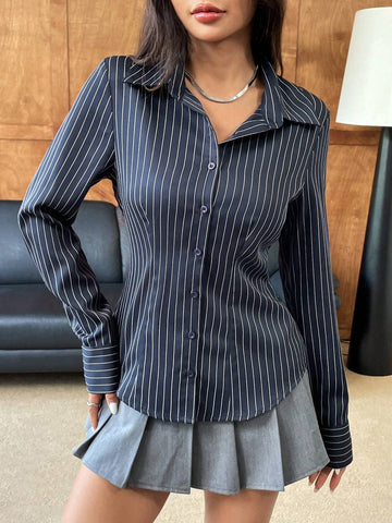 EZwear Navy Blue Striped Print Button Front Fitted Women Long Sleeve Shirt
