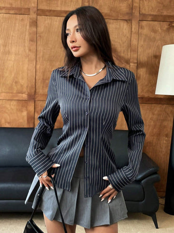 EZwear Navy Blue Striped Print Button Front Fitted Women Long Sleeve Shirt
