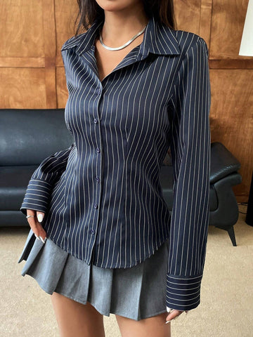 EZwear Navy Blue Striped Print Button Front Fitted Women Long Sleeve Shirt