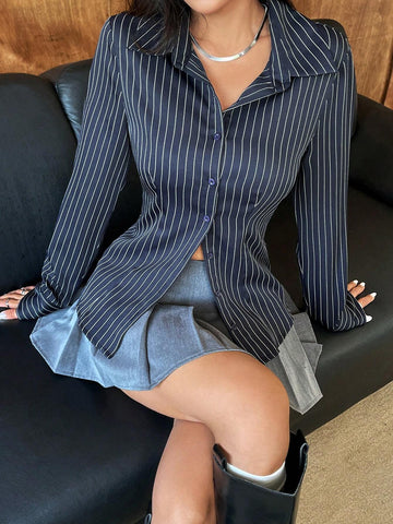 EZwear Navy Blue Striped Print Button Front Fitted Women Long Sleeve Shirt