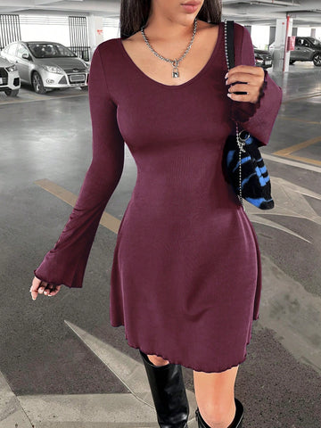 New Years Valentines Women Solid Color Round Neck Short Casual Long Sleeve Red Dress, Autumn