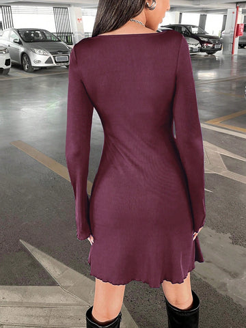 New Years Valentines Women Solid Color Round Neck Short Casual Long Sleeve Red Dress, Autumn