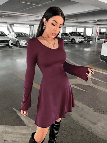 New Years Valentines Women Solid Color Round Neck Short Casual Long Sleeve Red Dress, Autumn