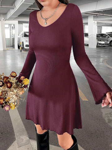 New Years Valentines Women Solid Color Round Neck Short Casual Long Sleeve Red Dress, Autumn