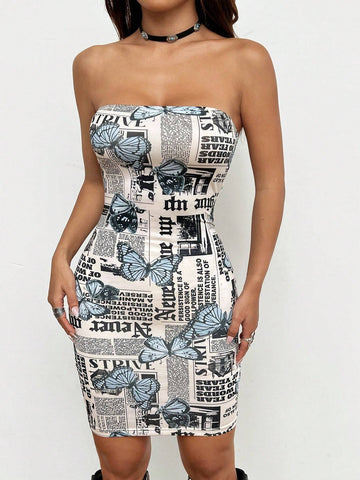 Newspaper Butterfly Print Bodycon Strapless Dress